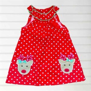 VGUC Christmas Reindeer Appliqué Polka Dot Corduroy Dress